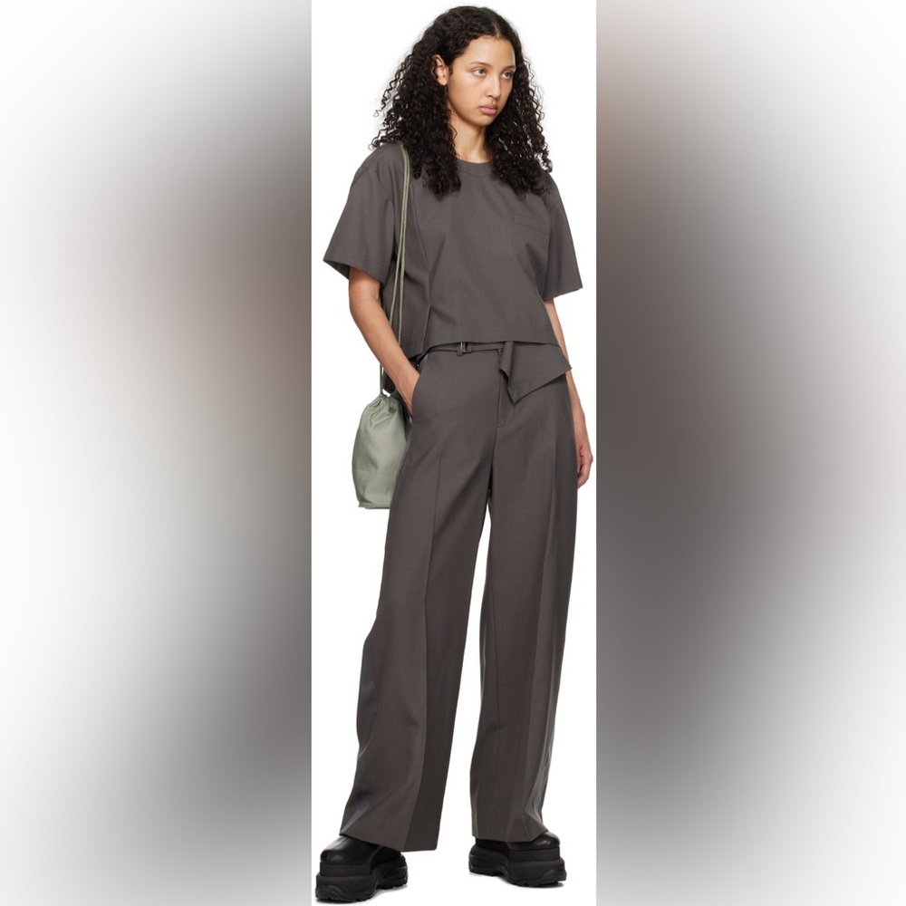 Sacai - Belted Satin Trimmed cady wide-legged pants - Picture 5 of 15